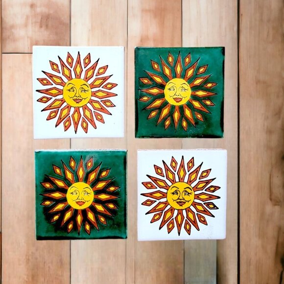 Mexican Green & White Tile Coasters with Cork Bottoms - "Hello, Mr. Sun"… - Picture 1 of 2